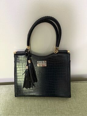 bebe Black Croc-Embossed Satchel with Braided Handles & Tassel